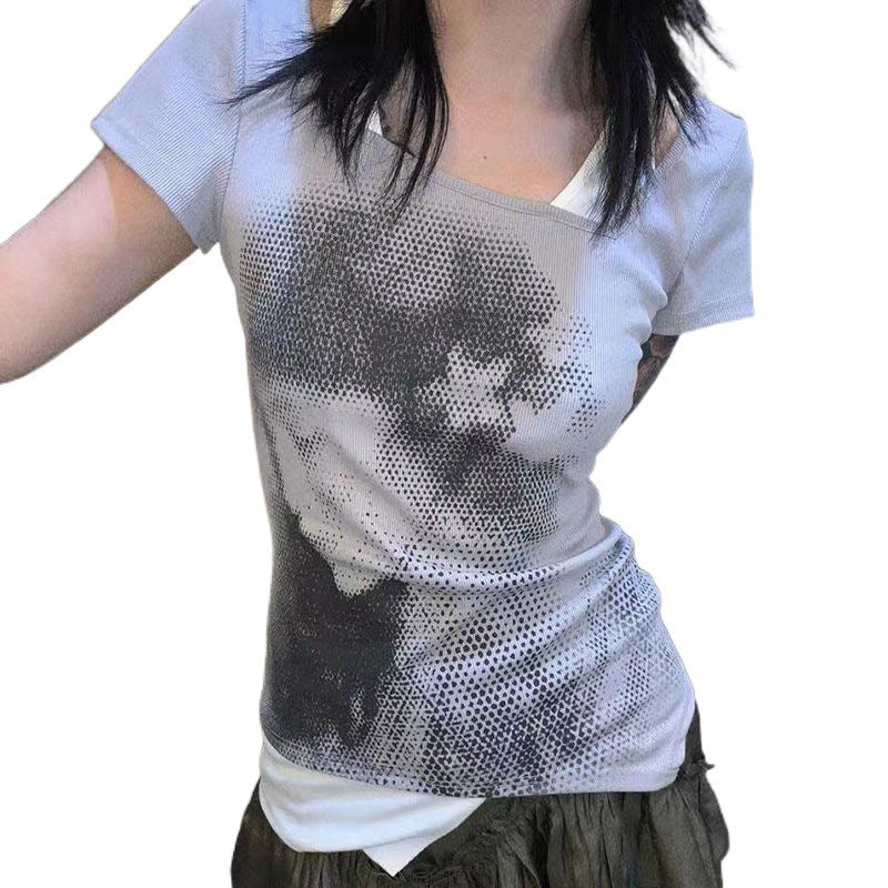 Stitching Fake Two-piece Personality Portrait Printing Short Sleeve