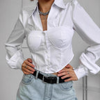Women's Lapel Puff Sleeve Shirt Short Top