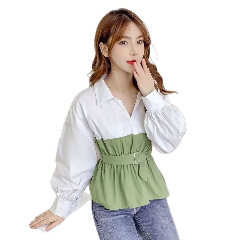 Long Sleeve Cinched Patchwork False Two-piece Suit Shirt