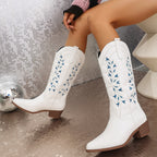 Embroidered Western Cowboy Pointed Toe Chunky Heel Knight Boots