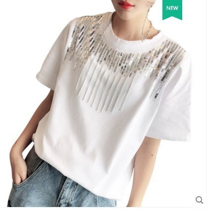 Sequin Rhinestones Tassel Women's Short Sleeve Spring And Summer New