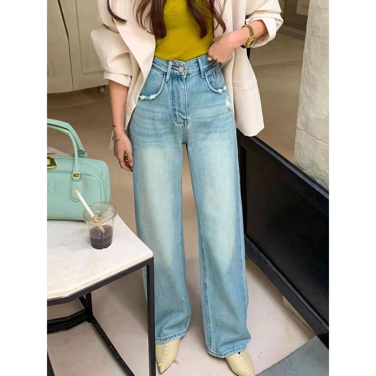Ripped Narrow Version Wide-leg Loose Drape Mopping Pants Hot Girl High Waist Women's Straight Denim Trousers