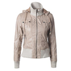 Hooded drawstring high neck zipper PU leather jacket