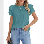 Summer Pleated Short Sleeve Round Neck Top Business Work Shirt