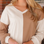 Apricot Color Block Wide Ribbed V Neck Top