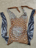 Gray Velvet Rhinestone Stretch One-piece Stage Performance Clothing Woman