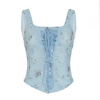 French Style Girl Square Collar Butterfly Printed Mesh Sling Top