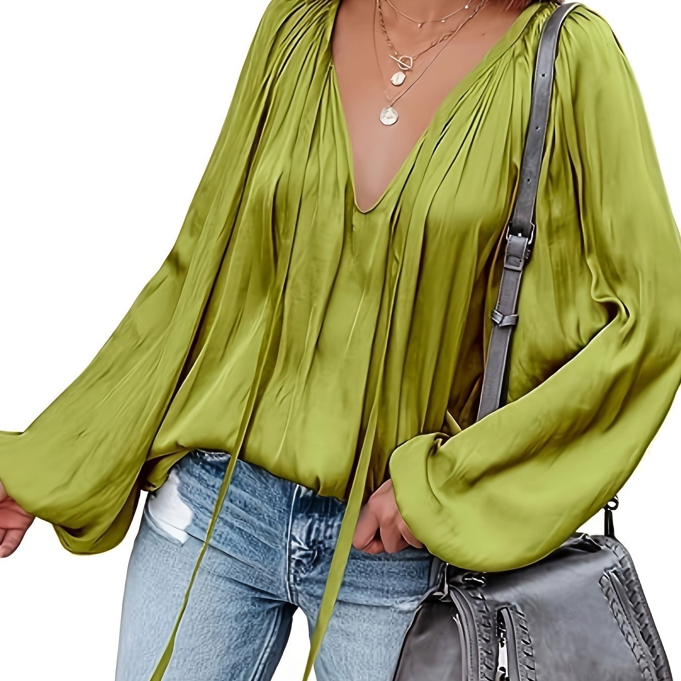 Women's Satin V-neck Long Sleeve Shirt Casual