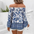 Women's Off-shoulder Shoulder-baring Floral Print T-shirt Top