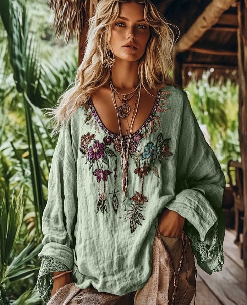 Vintage Violet Floral Art V Neck Cotton Linen Shirt