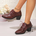 Pointed British Style High Heel Chunky Heel Front Lace-up Low-top Leather Shoes
