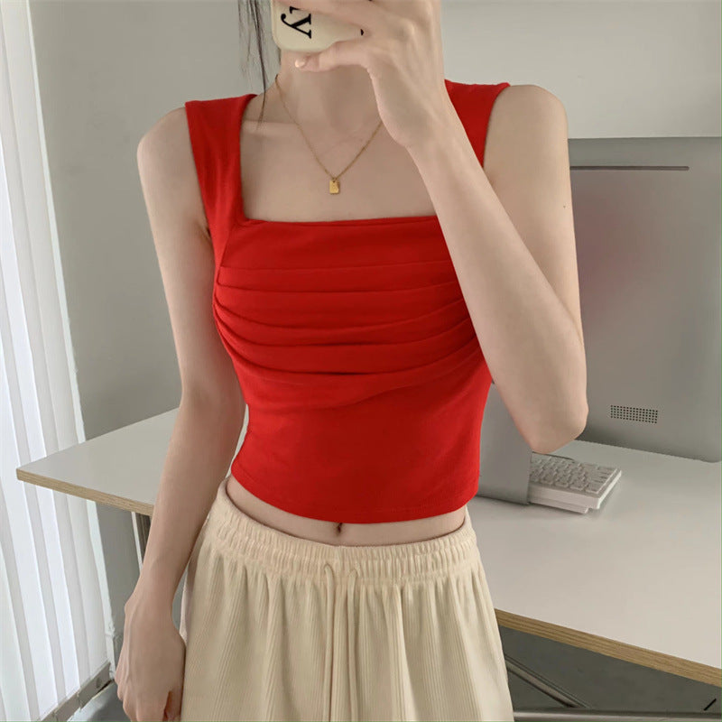 French Pleated Small Sling Vest For Women Inner Bottoming Shirt