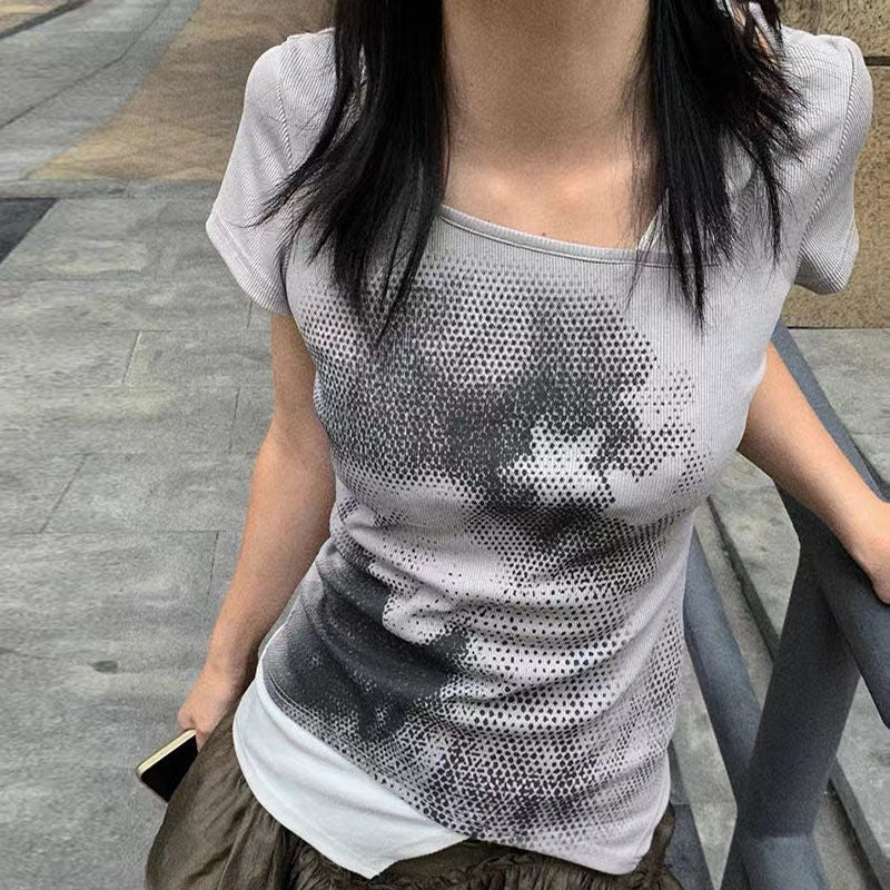 Stitching Fake Two-piece Personality Portrait Printing Short Sleeve