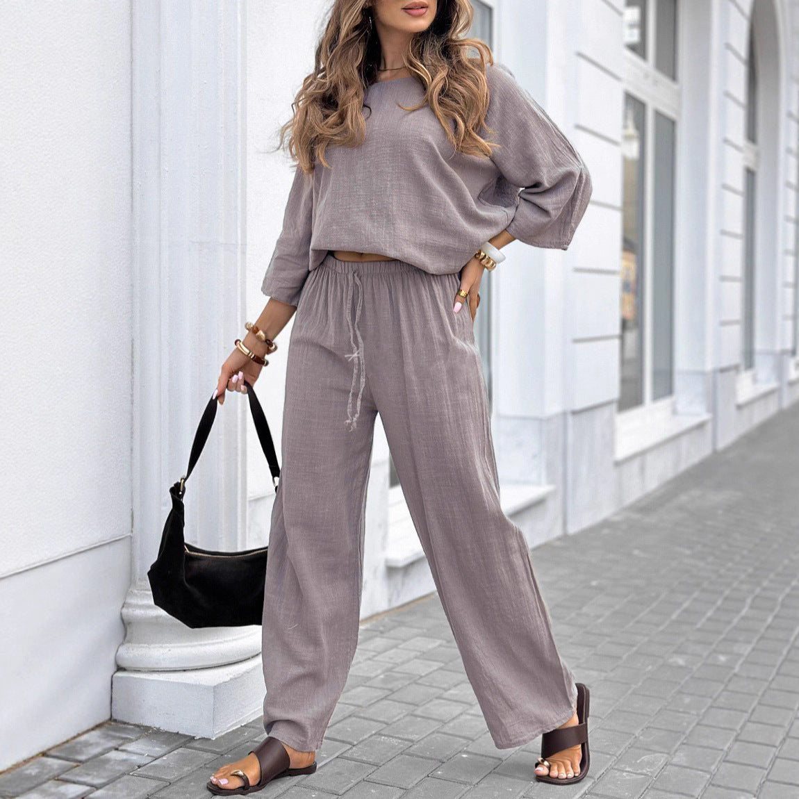 Round Neck Cotton And Linen Top Casual Lace Up Loose Pants Suit
