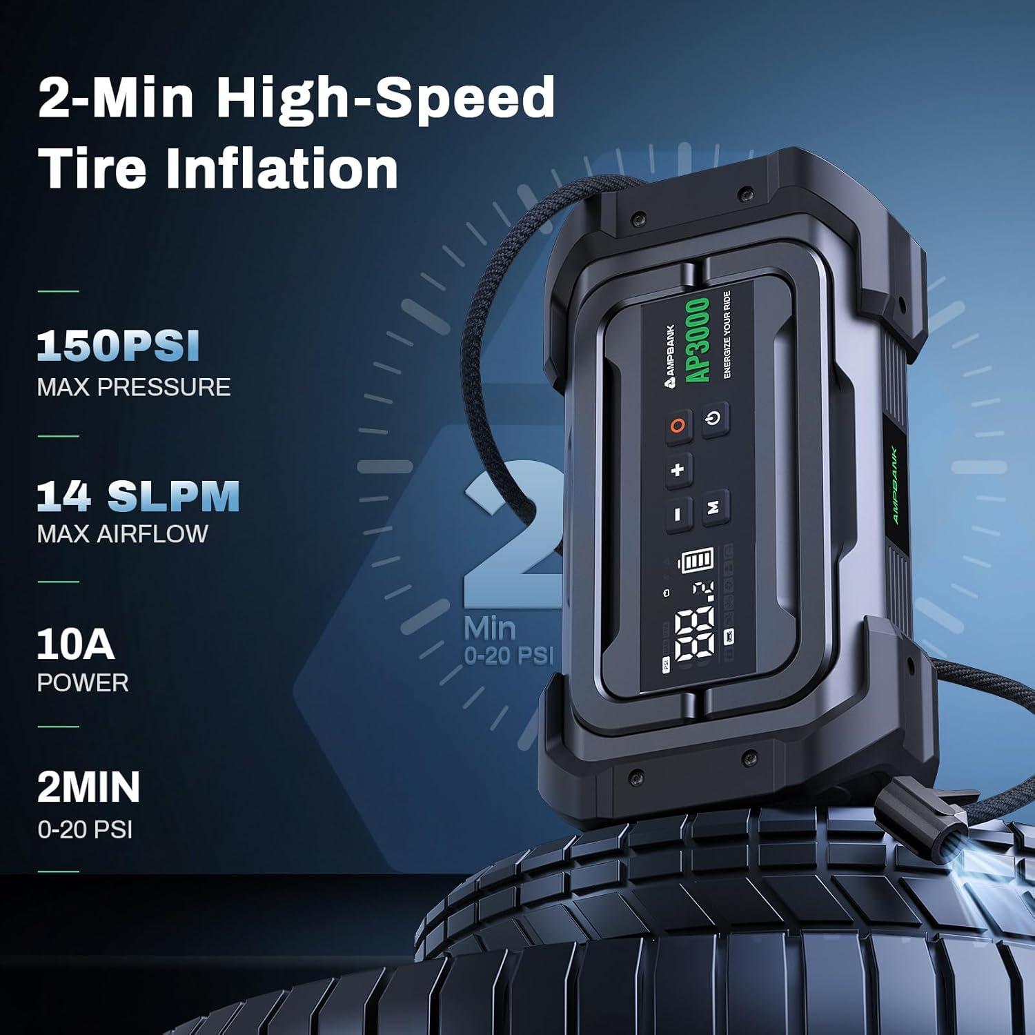 3000A Portable Car Emergency Starter Power Supply With Inflator Function 150PSI Digital Tire Inflator 12V Car Battery Charger With LED Lighting LCD Display