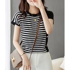 Round Neck Black And White Striped T-shirt For Women