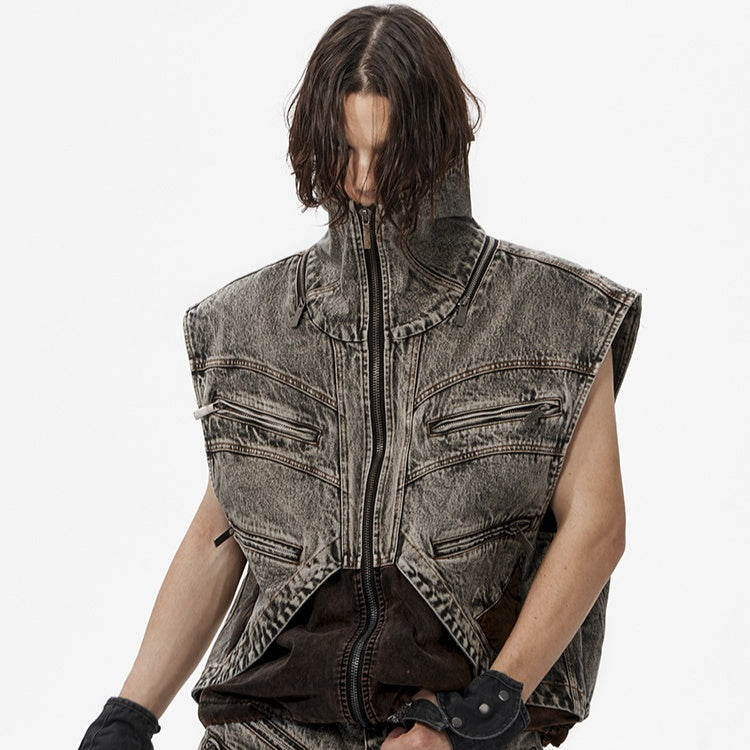 Splicing Denim Vest Jacket Men's Summer Zipper Sleeeless Camisole